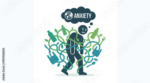 Illustration of a person tangled in plastic waste and vines, experiencing anxiety about environmental pollution.