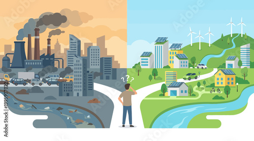 A person contemplating the choice between a polluted, industrial city and a clean, sustainable, green environment.