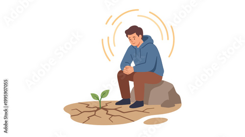 A man sits sadly on a rock next to a small green sprout growing from cracked, dry earth, symbolizing hope amidst adversity and environmental challenges.