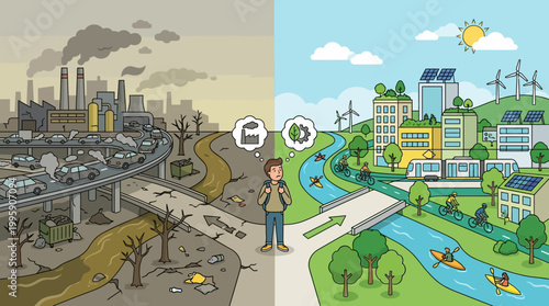 A split image contrasting a polluted, industrial city with a clean, sustainable, green city, showing a choice for environmental future.