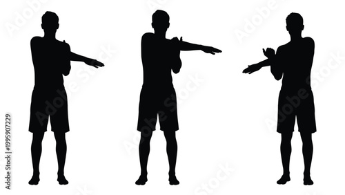Three silhouettes of a person demonstrating different stages of a physical exercise
