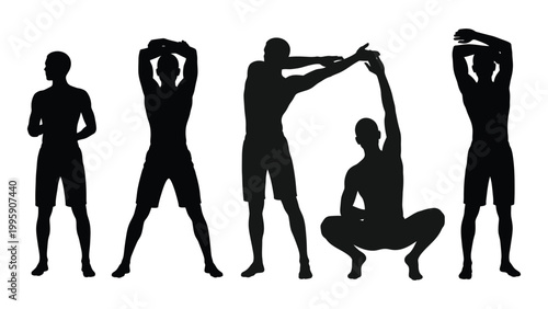 Silhouette figures demonstrating various stretching and exercise poses against a white background