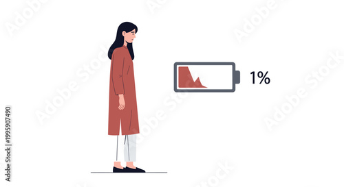 Exhausted woman feeling burned out while staring at a low battery symbol showing one percent charge