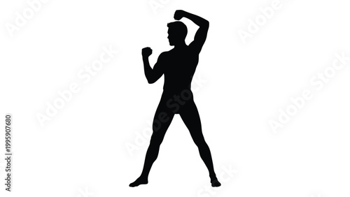 A silhouetted image depicts a muscular man in a triumphant celebratory pose with a raised fist