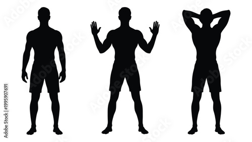 Three silhouetted male figures demonstrate progressive stretching poses against a white background