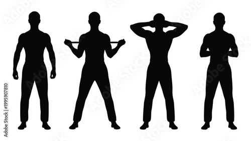 Silhouette illustration of four men demonstrating different exercise poses with resistance bands