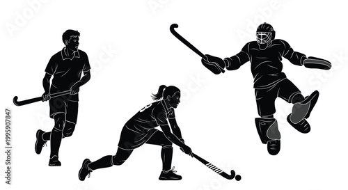 Dynamic silhouettes of field hockey players in action including a goalie preparing to save