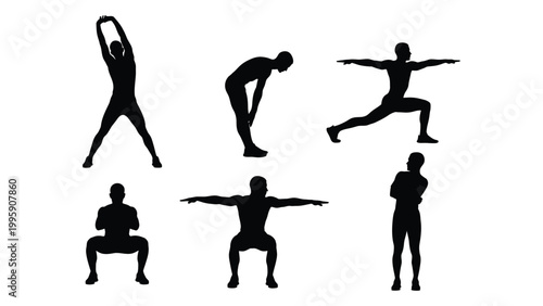 Silhouettes of people demonstrating various stretching and yoga poses against a white background