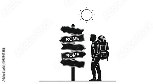 Solo traveler with a large backpack looks at directional signposts pointing toward the city of Rome