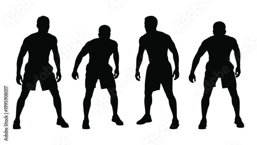 Four male silhouettes stand in a row depicting athletic poses and figures