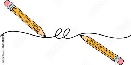 Vector illustration of two wooden pencils creating a curvy line for education, drawing, and creative design