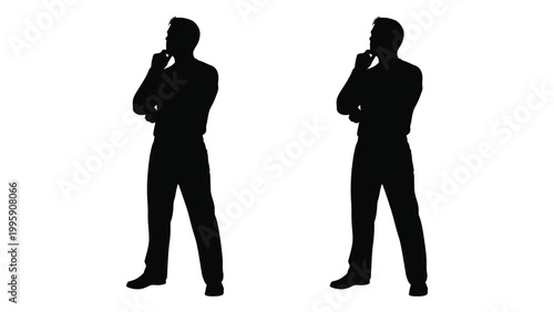 Two silhouettes of a man in a suit both thoughtfully posed with hand to chin