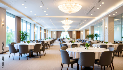 Elegant banquet hall with round tables and chandeliers.