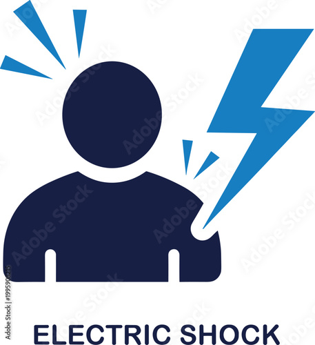 Electric shock warning sign with lightning bolt hitting human silhouette icon on grid transparent background art.