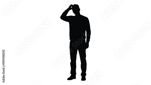 A full body silhouette of a man with his hand to his forehead