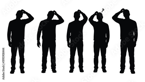 A series of silhouettes depicting men in various thinking or questioning poses