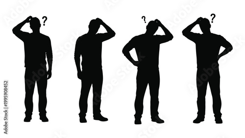 Four silhouettes of men scratching their heads displaying confusion and questioning