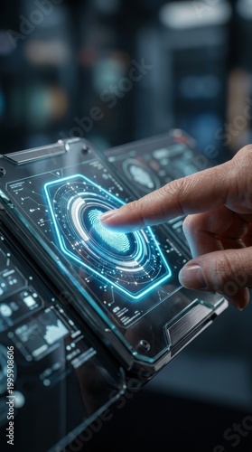 Man pressing finger on digital screen for biometric authentication. Fingerprint scanning technology for identity verification and cyber security. Innovative access control system concept.