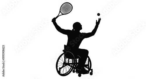 Silhouette of a determined athlete in a wheelchair tossing a tennis ball before a serve