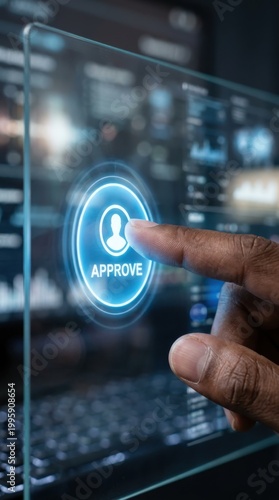 African american man touching digital screen to approve identity verification. Cyber security authentication and biometric data access. Futuristic interface for secure login and account protection.