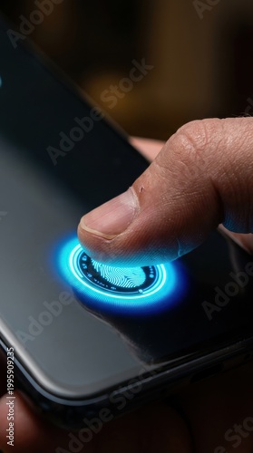 Man touching smartphone screen for fingerprint biometric scanner authentication. Digital identity verification and security access technology. Modern cyber protection for mobile device data.