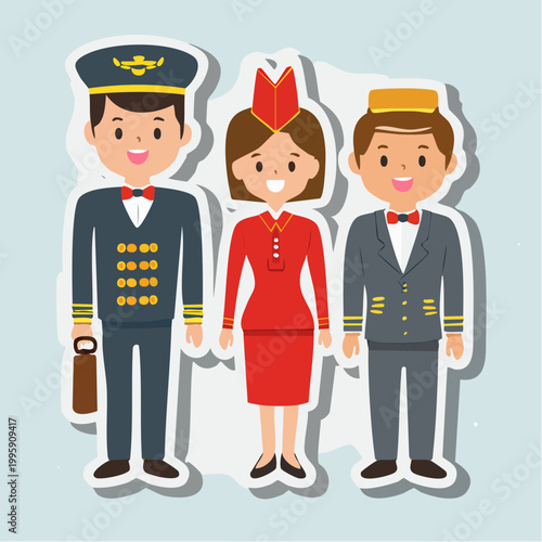 Cartoon illustration of airline crew and hotel staff