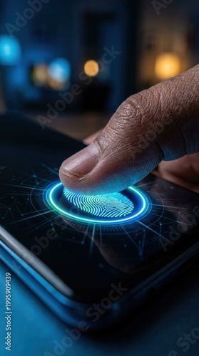 Finger touching smartphone screen for biometric fingerprint scan. Man using digital identity verification system. Cyber security access control technology and mobile authentification concept.