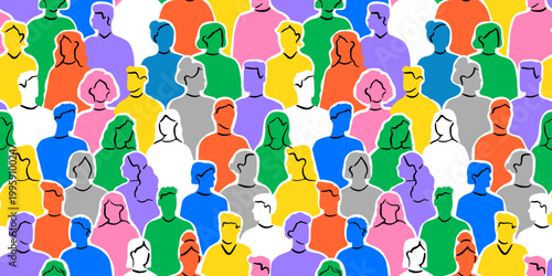 Colorful diverse people crowd abstract art seamless pattern. Multi-ethnic community, big cultural diversity group background illustration in modern collage painting style.