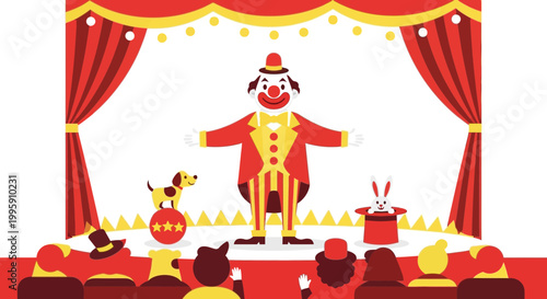 Circus Clown Performance with Dog and Rabbit on Stage, Audience Watching