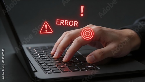 Hand typing on laptop with error icons