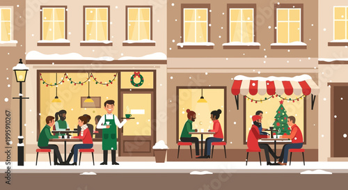 Cozy Cafe Scene in Winter Snow with People Enjoying Christmas Holidays
