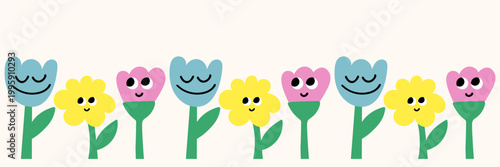 Colorful cartoon flowers with smiling faces on cream background