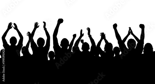 A silhouetted crowd of people with their arms raised in celebration or excitement against a white background.