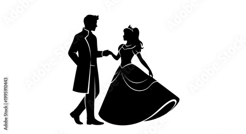 Silhouette of a prince and princess dancing elegantly at a royal ball, captured in a classic black and white illustration.