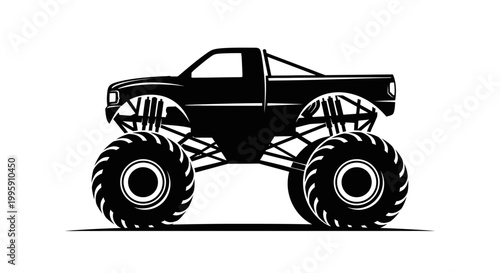 Silhouette of a black monster truck with oversized wheels and suspension system, isolated on a white background.