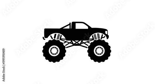 A black silhouette of a monster truck with oversized tires and suspension system, isolated on a white background.
