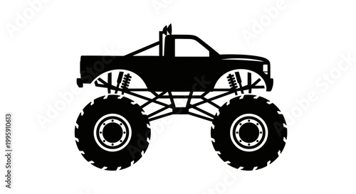 A black silhouette of a monster truck with oversized tires and suspension system, isolated on a white background.