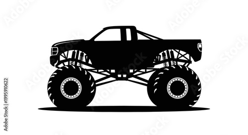 Silhouette of a black monster truck with oversized tires and suspension system against a white background.