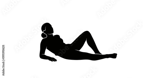 Silhouette of a woman reclining on her side with one leg extended and the other bent, against a white background.