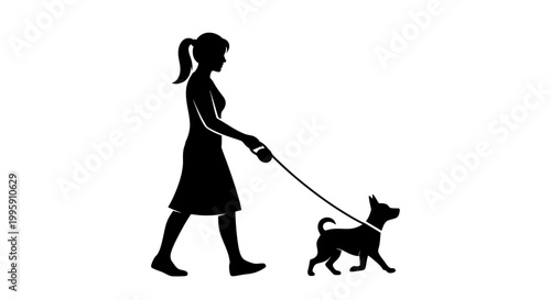 Silhouette of a woman walking her small dog on a leash outdoors, showcasing a common lifestyle activity.