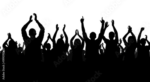 A silhouette of a crowd of people with their hands raised in the air, celebrating or cheering.