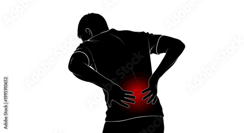 Silhouette of a person experiencing lower back pain, with a red glowing area indicating discomfort.
