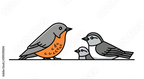 Family of Cute Birds Perched Together in a Row.