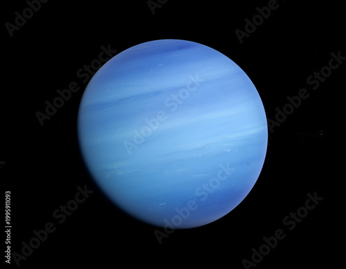 Blue gas giant planet with faint bands in deep space.