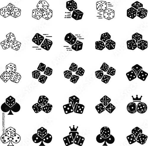 Set of gambling dice and card suits icons for casino games