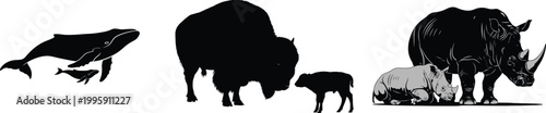 Whale and bison rhino family black and white vector illustration