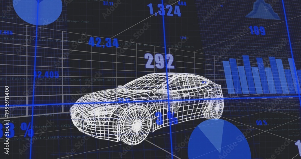 Fototapeta premium Rendering white wireframe sedan rotating on grid with axis lines, numeric overlays and pie