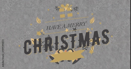 Displaying bold CHRISTMAS wordmark with slanted header, gold gift icon and ribbon on textured gray