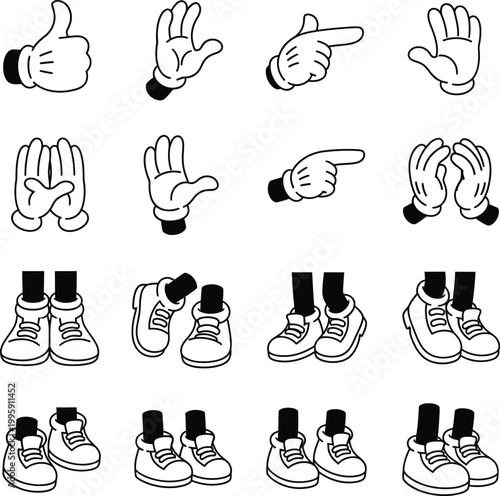 Classic cartoon hands with white gloves and feet with shoes set