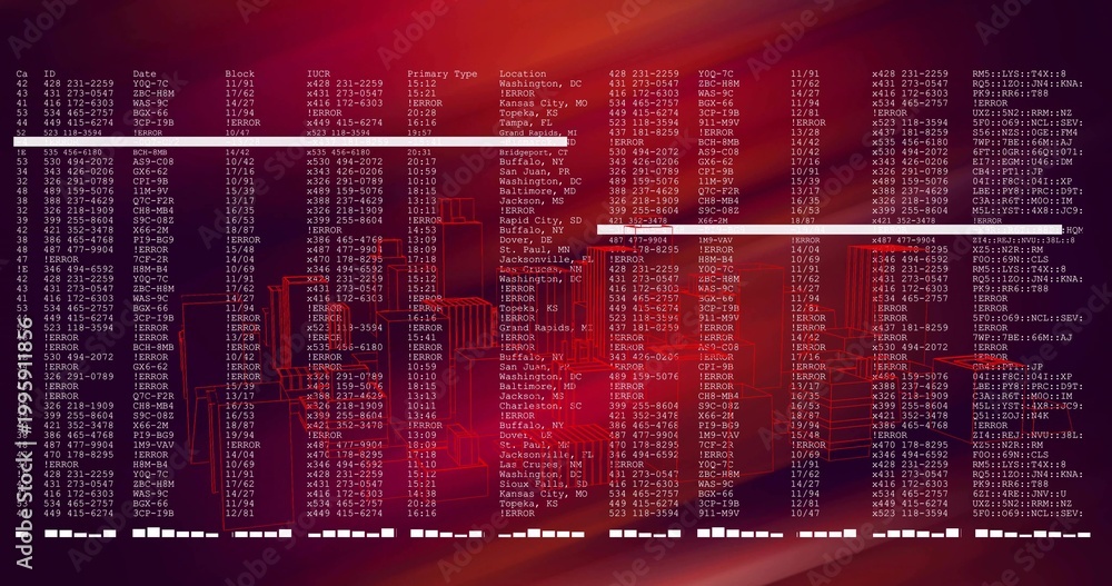 Naklejka premium Showing centered monospace text columns, ERROR codes, neon wireframe city, two bars, status blocks